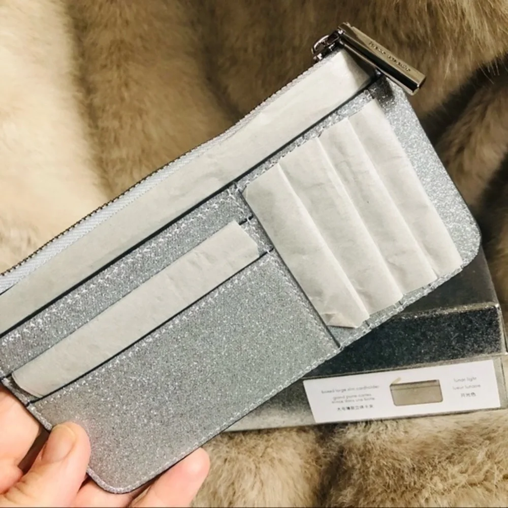 Kate Spade Silver Glitter Slim Wallet Zip Pouch NWT